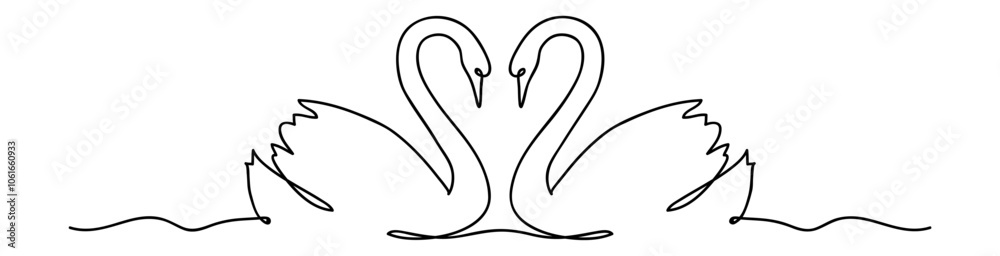 Poster one line drawing. abstract decorative horizontal border element, couple of swans in a heart shape. b