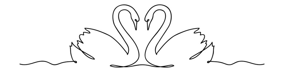 One line drawing. Abstract decorative horizontal border element, couple of swans in a heart shape. Beautiful hand drawn swan in love on white background. Border design elements. Vector illustration. © Gizele