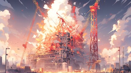 Obraz premium A construction site, with cranes and half-finished buildings, colorful anime style