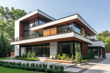 Fototapeta premium A contemporary modern house in nice suburb corner in the north America architecture building villa.