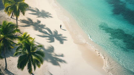 A peaceful beach stroll during sunrise with palm trees casting shadows on the sand along a tranquil shoreline