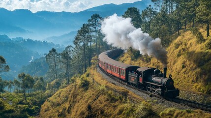  Steam train chugging along a mountain track with a smoky trail. Classic locomotive journey through scenic terrain.