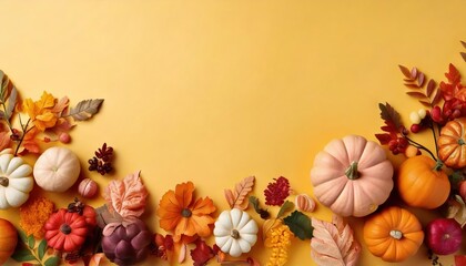  Bright background with beautiful thanksgiving decoration. Pumpkins filled with fruits, 