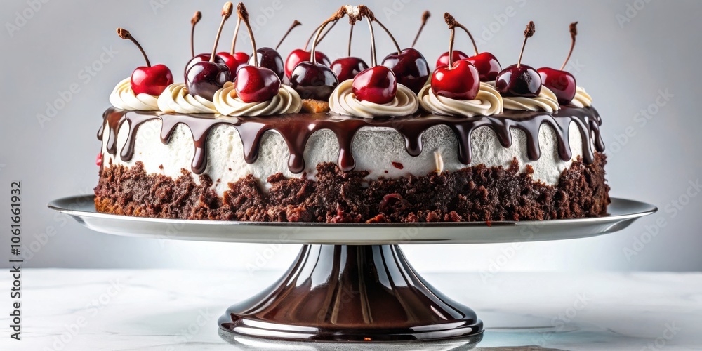 Poster a decadent chocolate cake with a layer of whipped cream topped with glossy cherries, drizzled with c