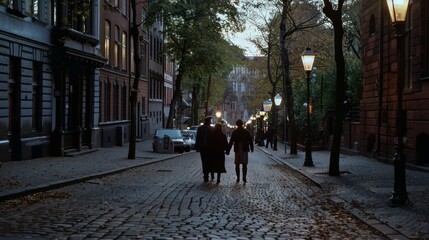 Fototapeta premium A couple strolls hand in hand down a cobblestone street, flanked by historic buildings and glowing lampposts, capturing a serene evening ambiance.