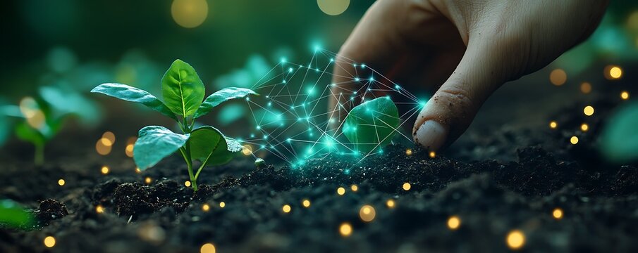 A hand nurturing a young plant with digital connections symbolizing growth and innovation.