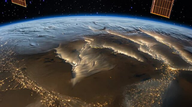 A view of Earth from space, showing a large swathe of land with the bright lights of cities at night