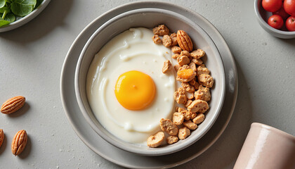Healthy breakfast bowl with a sunny-side-up egg, yogurt, and crunchy granola displayed on a textured gray surface.