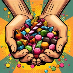 handful of  colorful sweets pop art style