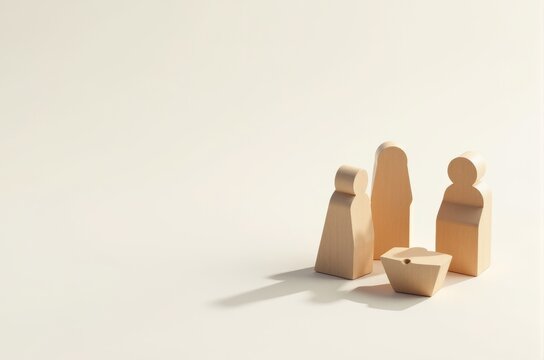 Wooden nativity scene figures on plain background, representing Christmas and the birth of Jesus, Epiphany and Three Kings Day