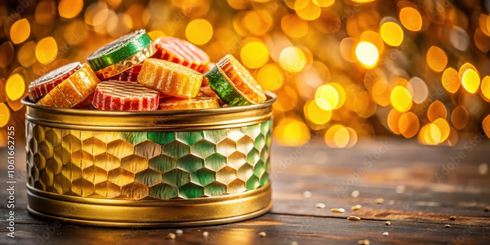 Poster a close-up view of colorful candies in a gold and green decorative bowl with a bokeh background
