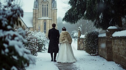  Winter wedding in a snow-covered churchyard, with the bride and groom in warm furs. Romantic and picturesque seasonal celebration.