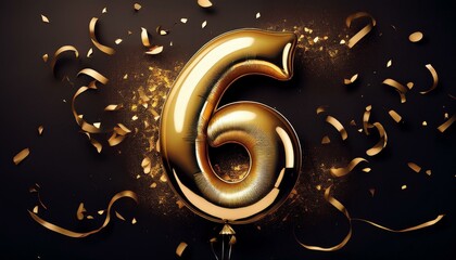 Gold birthday / anniversary balloon, number 6, black background with confetti