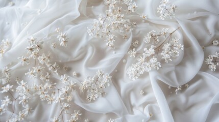 Fototapeta premium Delicate white flowers scatter across soft, flowing fabric, capturing a gentle elegance and purity in a serene and ethereal setting.