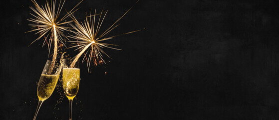 HAPPY NEW YEAR 2025 / New Year's Eve Holiday Event Party Firework - Festive silvester background panorama banner - Golden fireworks pyrotechnics and champagne glasses on dark night sky © Corri Seizinger