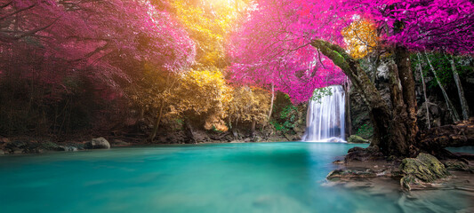 Amazing in nature, beautiful waterfall at colorful autumn forest in fall season