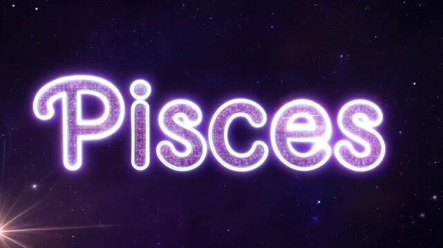 Pisces typography title with stars and universe background
