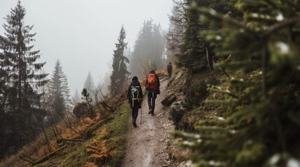 Obraz premium Hikers traverse a misty mountain path, surrounded by tall evergreens and a serene, fog-covered landscape.