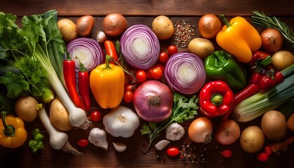 A top-down view of Fresh Vegetables on Rustic Wood