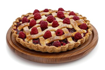 Freshly baked raspberry pie served on a wooden plate