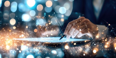 a digital signature on a tablet, with abstract and defocused elements of a corporate meeting behind it.