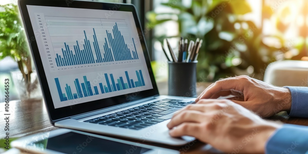 Poster a ceo working from a luxurious home office, analyzing graphs and charts on a high-end laptop.