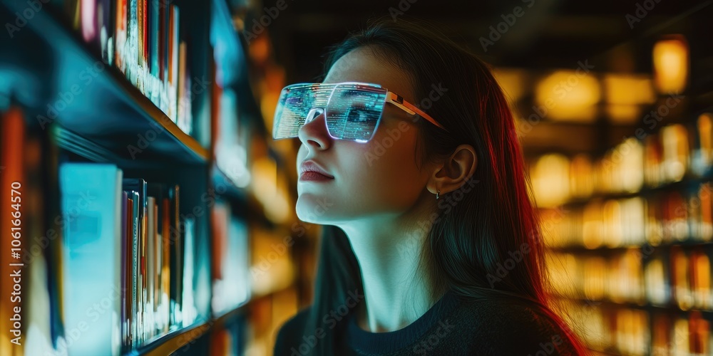 Poster a modern digital library with transparent holographic bookshelves, where users access information th