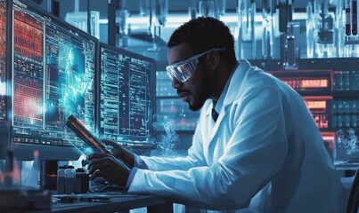 Fototapeta premium A man in a lab coat works on a computer.
