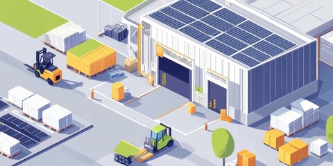 Obraz premium Eco-friendly warehouse using solar panels, green energy forklifts, and sustainable storage materials.