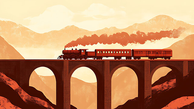 A red steam train chugs across a stone bridge against a mountain backdrop in a stylized, minimal design.