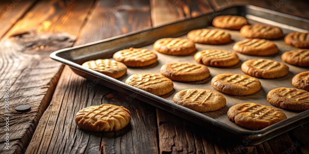 Poster A close-up image of freshly baked cookies on a baking sheet, with a single cookie resting on a rustic wooden surface, showcasing the golden-brown hue and enticing aroma of homemade treats.