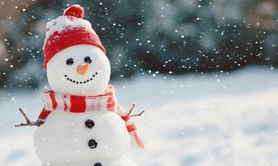 Joyful snowman adorned with a winter hat and scarf smiling, Generative AI 