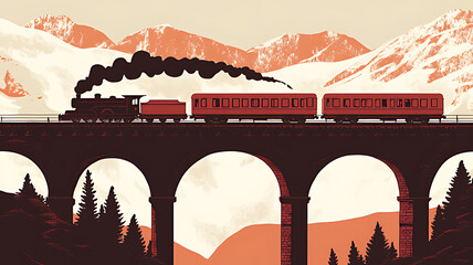A vintage steam train travels across a bridge through snow-capped mountains.