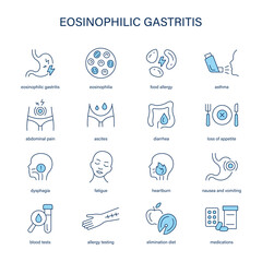 Eosinophilic Gastritis symptoms, diagnostic and treatment vector icon set. Medical icons.