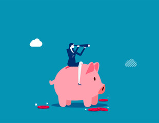 Financial future, discover investment opportunity, mutual fund or stock market pension fund, wealth management or savings concept, businessman riding piggybank look through binoculars to see future.