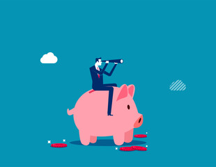 Financial future, discover investment opportunity, mutual fund or stock market pension fund, wealth management or savings concept, businessman riding piggybank look through binoculars to see future.