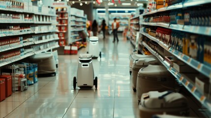 Autonomous robot navigates bright supermarket aisle, surrounded by neatly stacked shelves, illuminating the future of retail and technology.