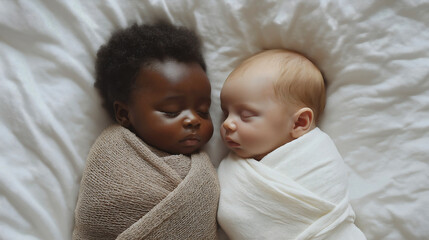 Peaceful baby wrapped children, tender swaddle diversity sleeping newborn, gentle multiracial african american caucasian adorable, sweet peaceful innocent, lovely nurturing precious