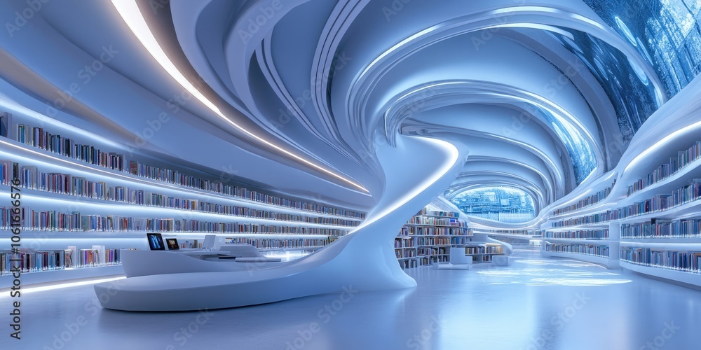 Poster A futuristic digital library with digital shelves, where students access resources via smart devices for efficient knowledge sharing.