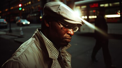 Obraz premium A thoughtful moment captured in a city street under the glow of evening lights, blending solitude and movement in the night scene.