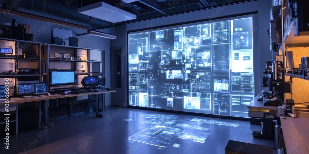 Poster A high-tech documentation room using holographic projectors, where teams work on comprehensive digital records and archives.