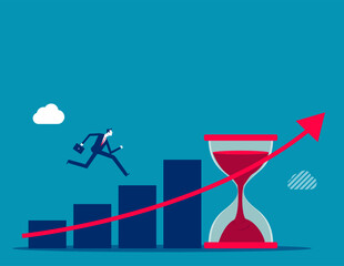Time value of money, long term investment, compound growth or success growing business, make profit or investment gain concept, woman walk up growth rising up graph with sandglass metaphor of time.