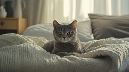 A cat resting on a bed with a cozy blanket