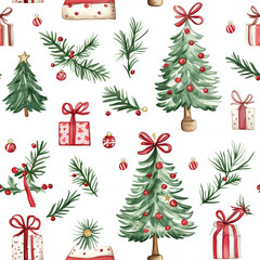 Christmas seamless pattern, featuring a whimsical arrangement of Christmas trees, gifts, and stars. The watercolor illustration style