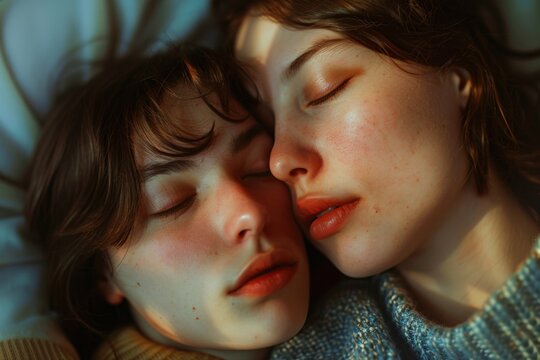 A pair of women resting side by side on a bed, possibly in a romantic or intimate setting