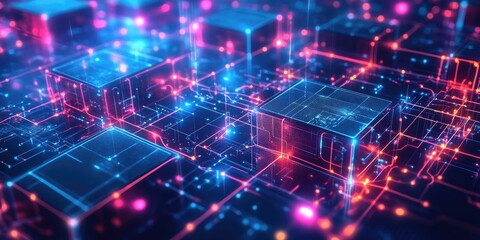 Obraz premium Blockchain technology illustrated as interconnected digital blocks with secure encryption, glowing in a web of data streams that represent the decentralized network.