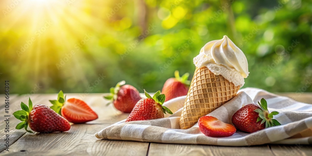 Poster a refreshing ice cream cone resting on a checkered napkin with a few ripe strawberries, all bathed i