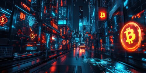 Fototapeta premium A cyberpunk cityscape filled with digital advertisements for cryptocurrencies and e-commerce platforms, with neon lights and futuristic architecture.