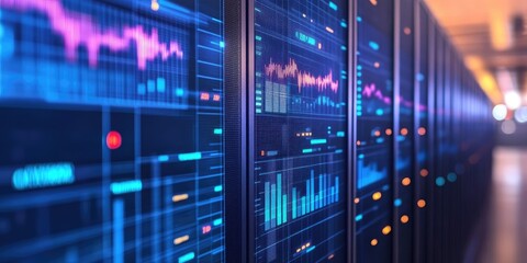 Naklejka premium A cybersecurity dashboard displays real-time data encryption statistics, showcasing a secure network environment with no people in sight.
