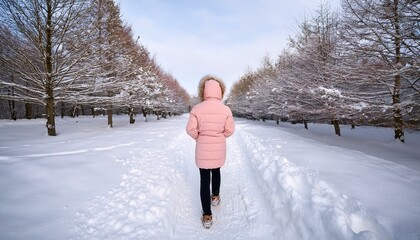 フードに雪を積もらせたパステルピンクのダウンジャケットの人物、雪降る公園での静かな歩みを楽しむ